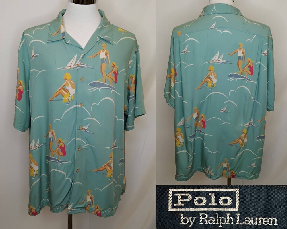 Polo by Ralph Lauren Vintage Camp Shirt Men's XXL Teal Surfing Print Rare #J5837